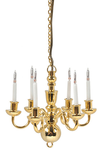 Dollhouse Miniature 6 Arm Brass Chandelier W/Bi-Pin Bulb